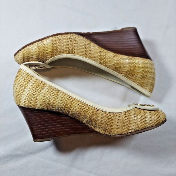 Tory Burch Sally Raffia & Leather Wedges Size 4 - Picture 3 of 13